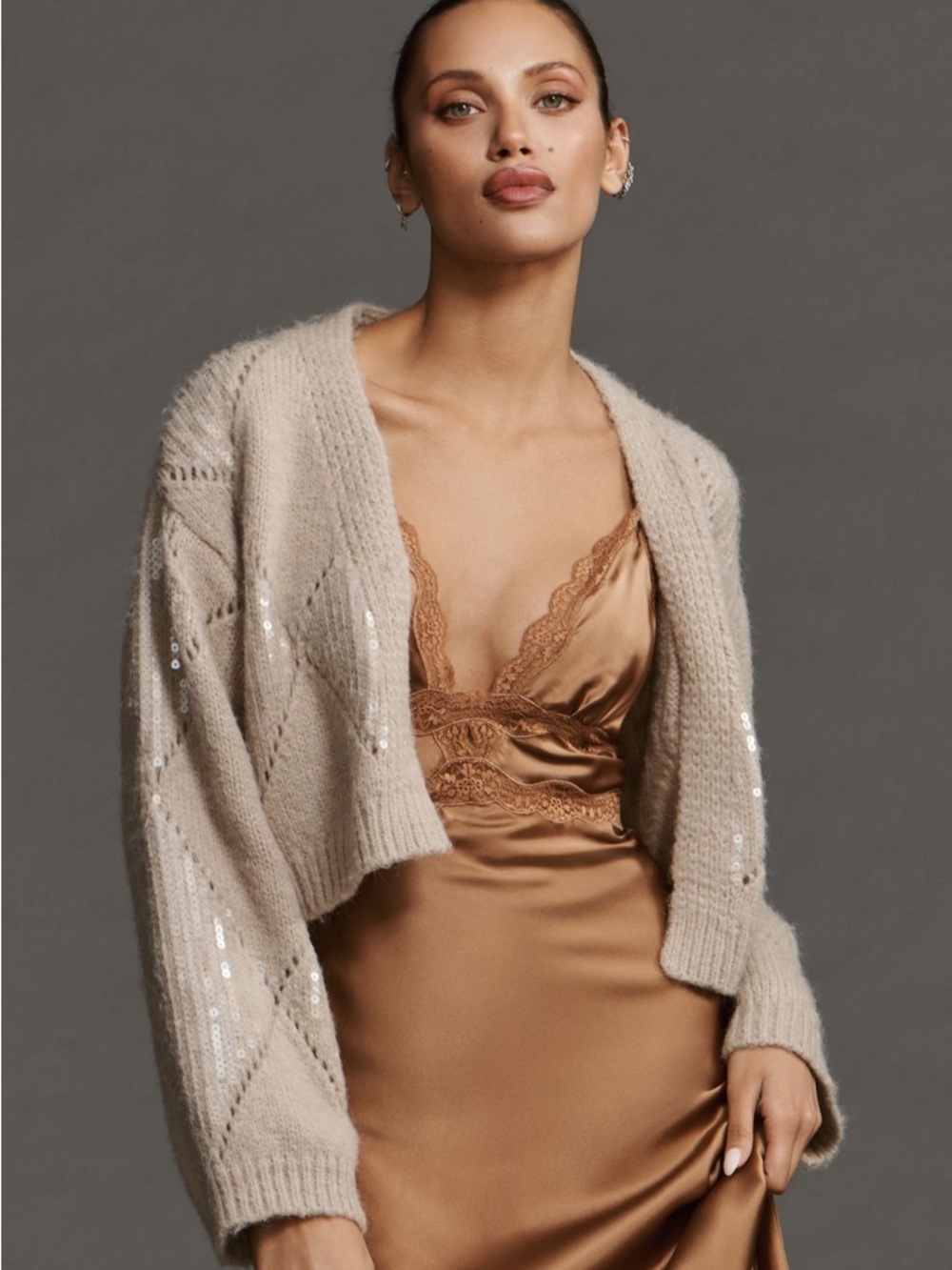 Mauve by Anthropologie Cropped Beige Sequined Knit Cardigan Sweater One Size NWT